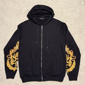 Versace Black Hooded Zip-Up Sweater with Gold Baroque Sleeve Detail